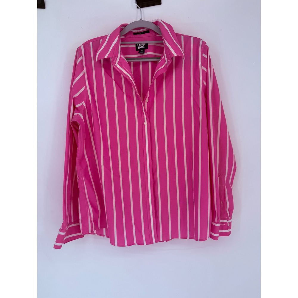 Lands End Button Down Shirt Women 12 Pink Excellent Stripe No Iron Cotton